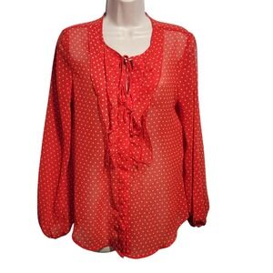 A.N.A Womens Size Medium Red White Stars Sheer Blouse Top Ruffle 4th of July USA